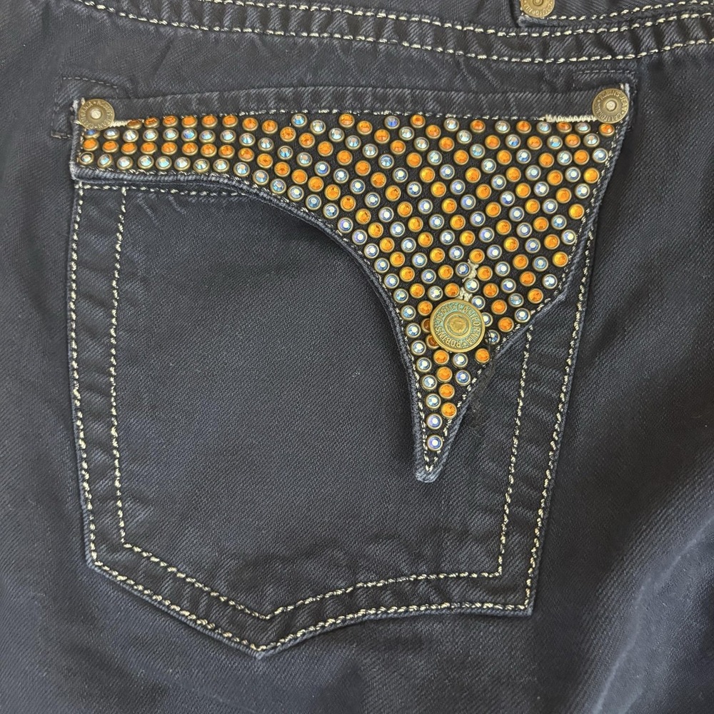 Robin's Jean Denim Shorts Mens 36 Blue Bermuda Rhinestone Back Pockets Biker - Picture 2 of 14